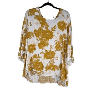 Mix by 41 Hawthorn Cottagecore Floral Blouse 2X Boho Mustard White Pom Trim Top